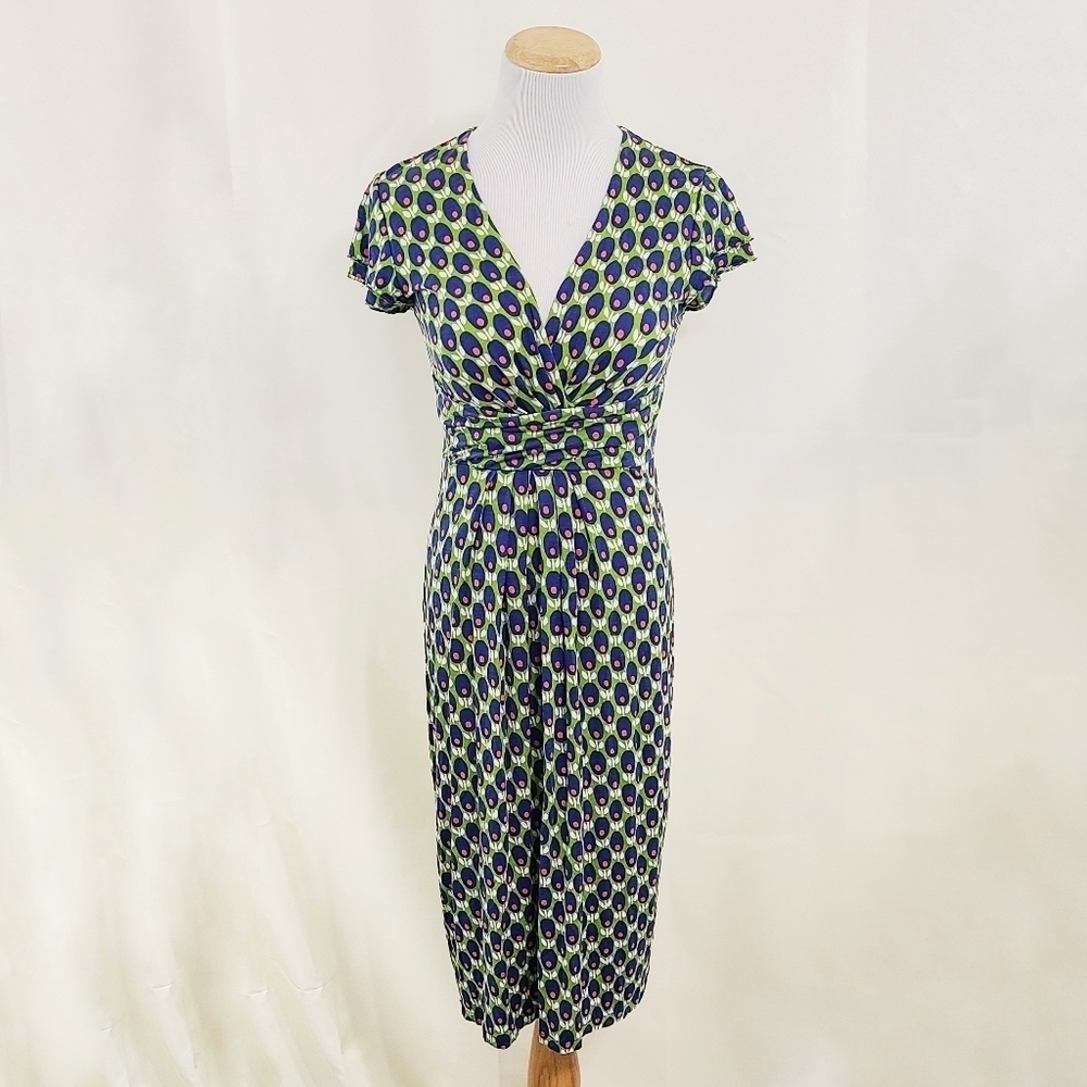 Boden Floaty jersey dress green abstract Moss Bud floral size 4 Long